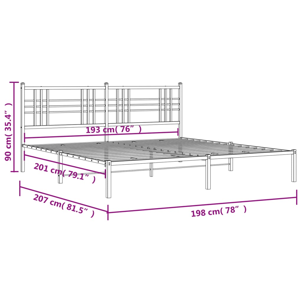 Black Metal Bed Frame with Headboard - 193x203cm, No Mattress