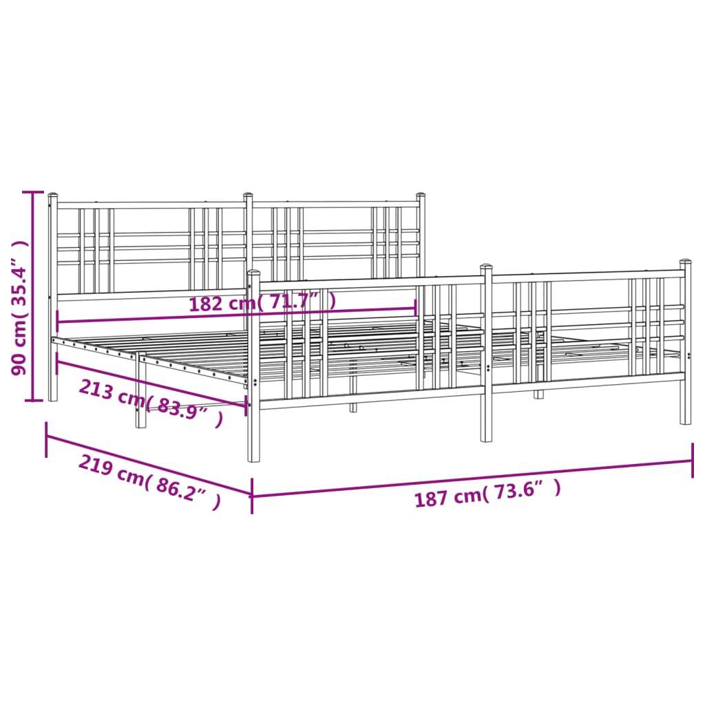Elegant Black Metal Bed Frame with Footboard 183x213cm