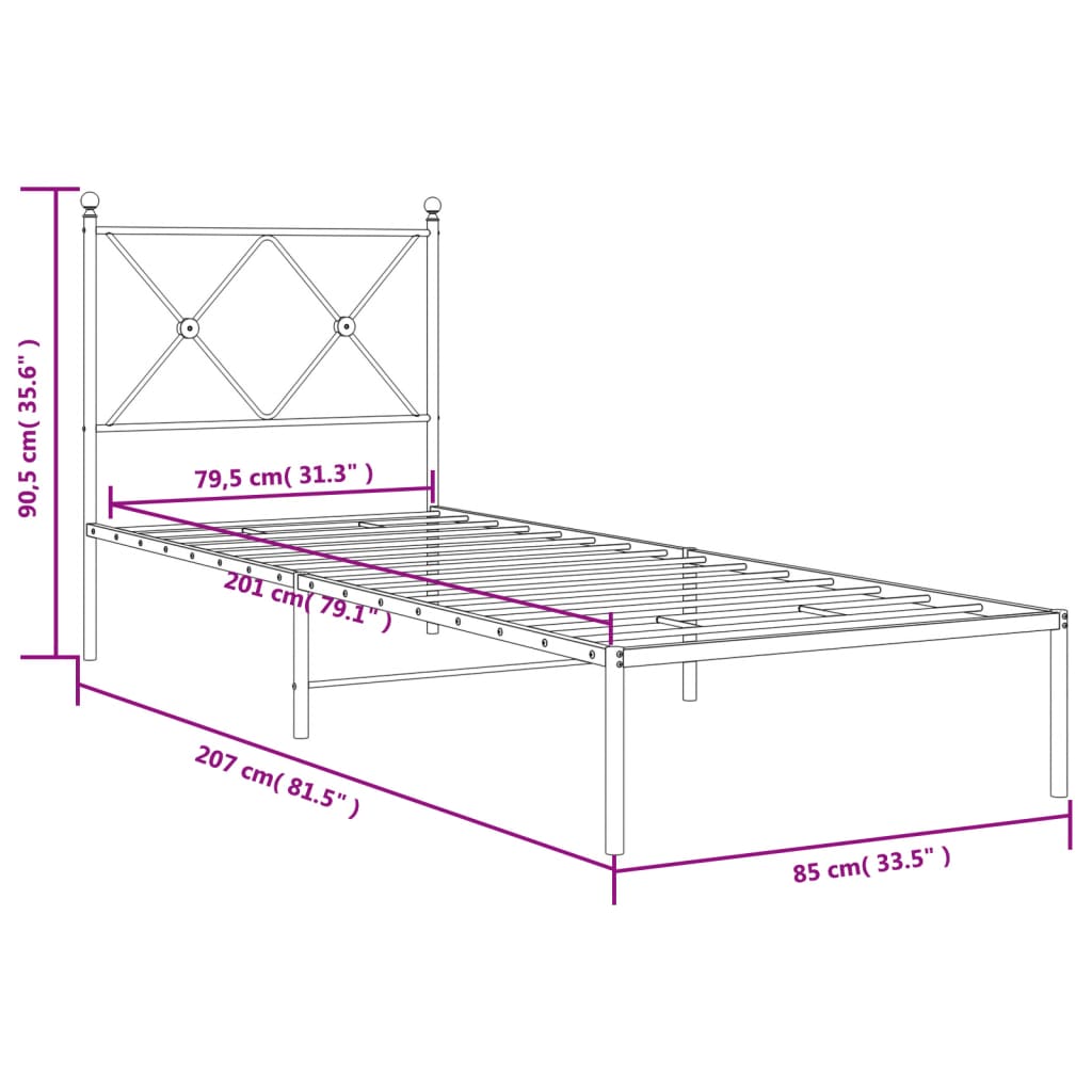 White Metal Bed Frame with Headboard, 80x200cm, No Mattress