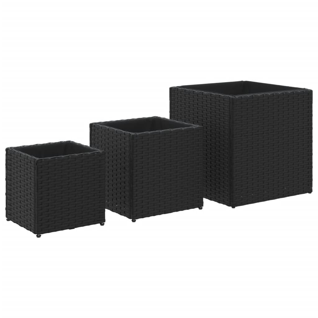 3-Piece Black Poly Rattan Garden Planters Set