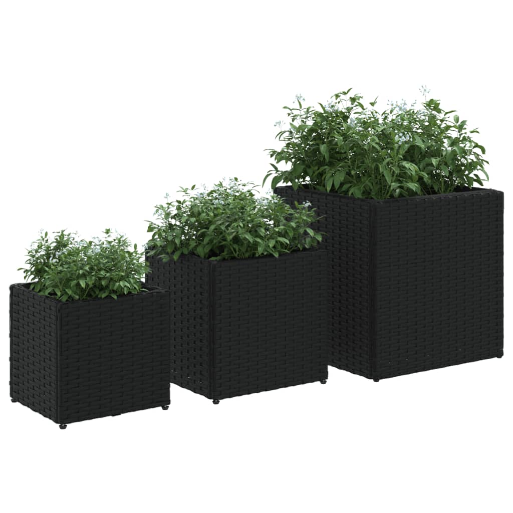 3-Piece Black Poly Rattan Garden Planters Set