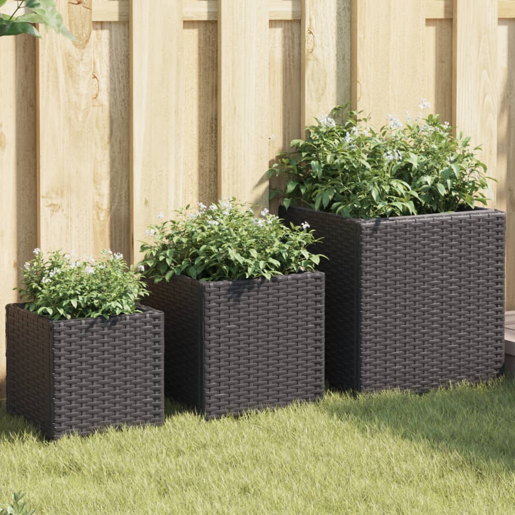 3-Piece Black Poly Rattan Garden Planters Set
