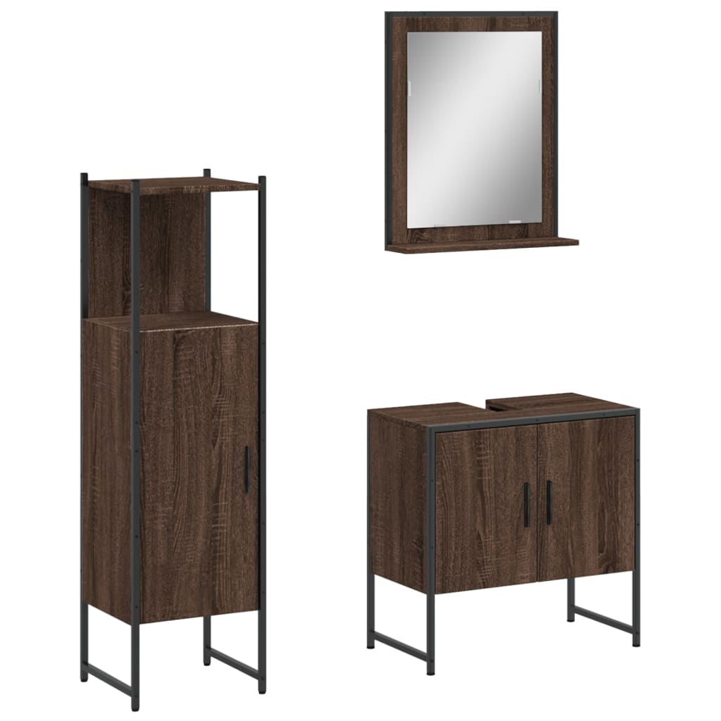 3 Piece Bathroom Cabinet Set Brown Oak Engineered Wood