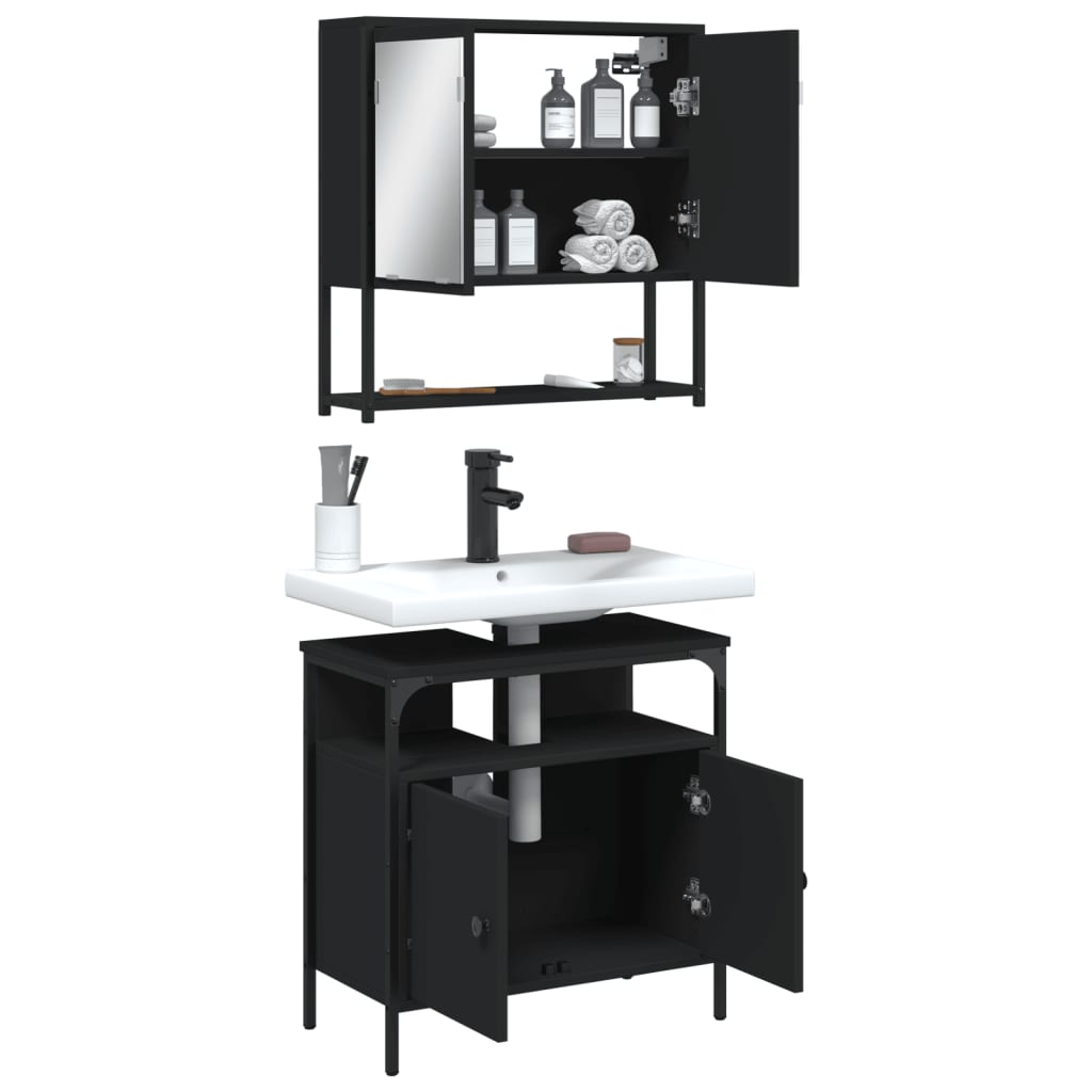 2 Piece Bathroom Furniture Set Black Engineered Wood