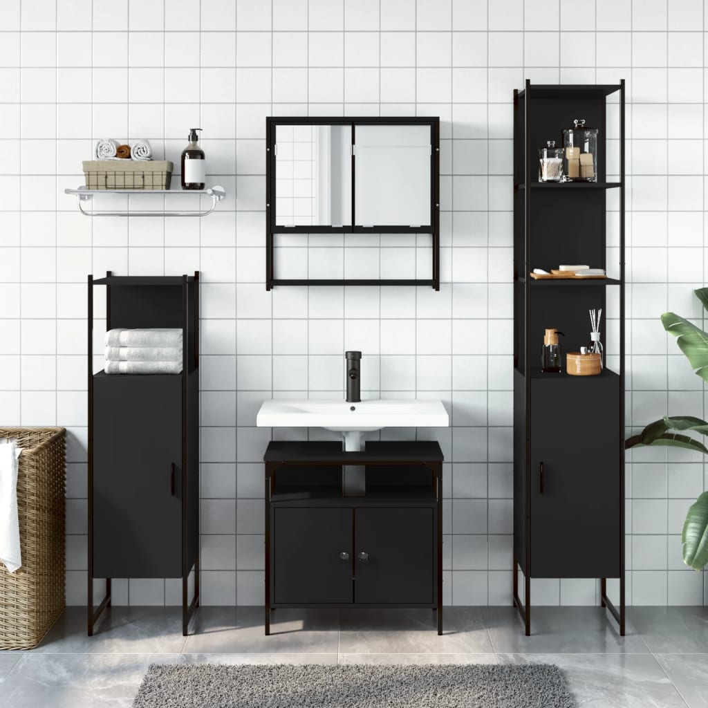 4 Piece Bathroom Furniture Set Black Engineered Wood