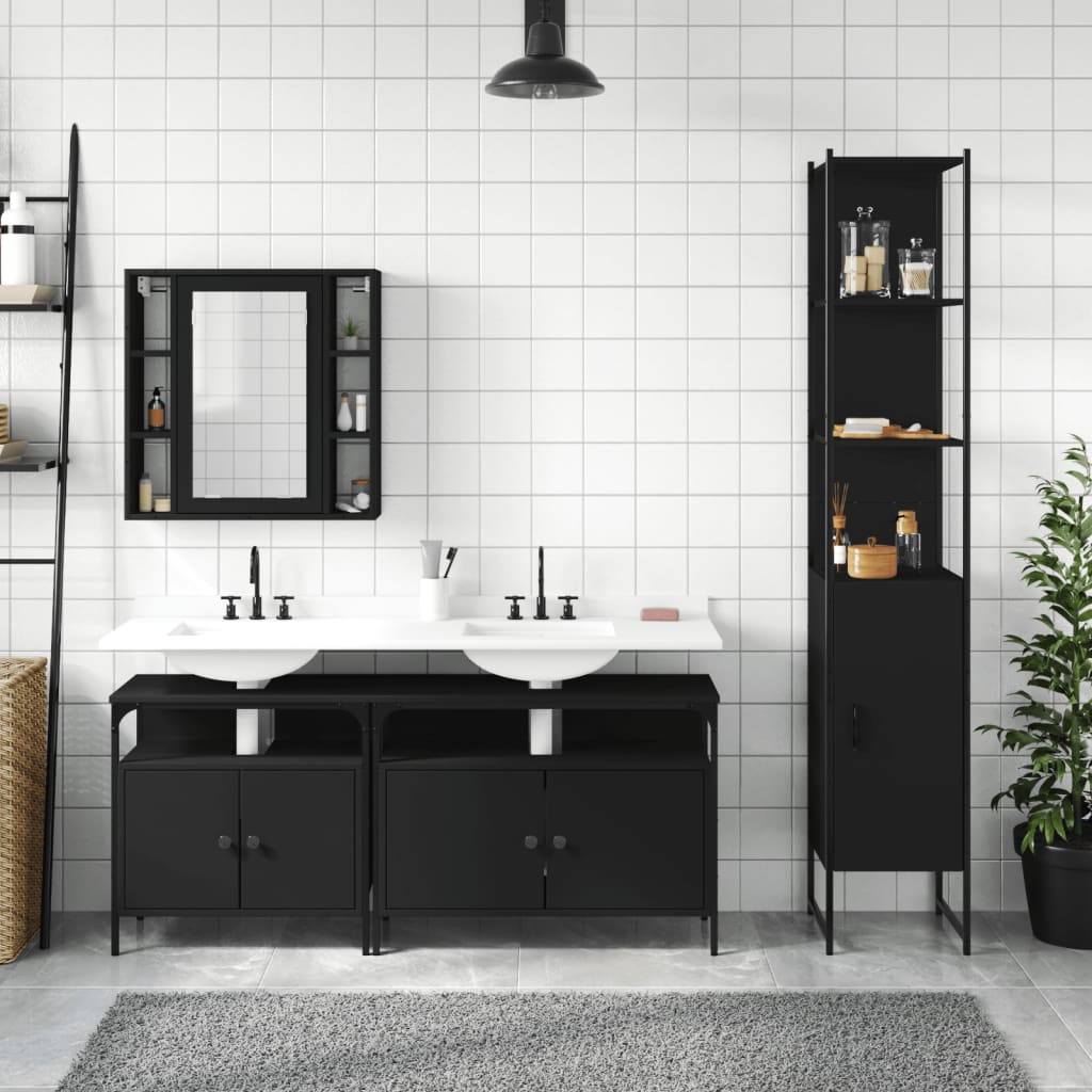 4 Piece Bathroom Cabinet Set Black Engineered Wood