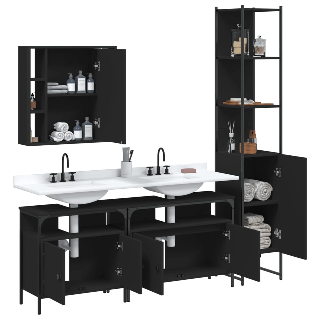 4 Piece Bathroom Cabinet Set Black Engineered Wood