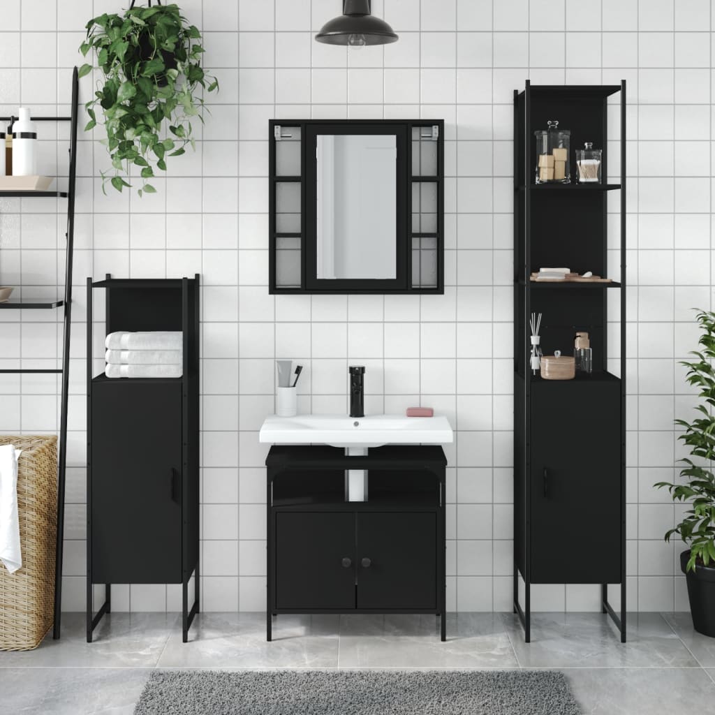 4 Piece Bathroom Cabinet Set Black Engineered Wood