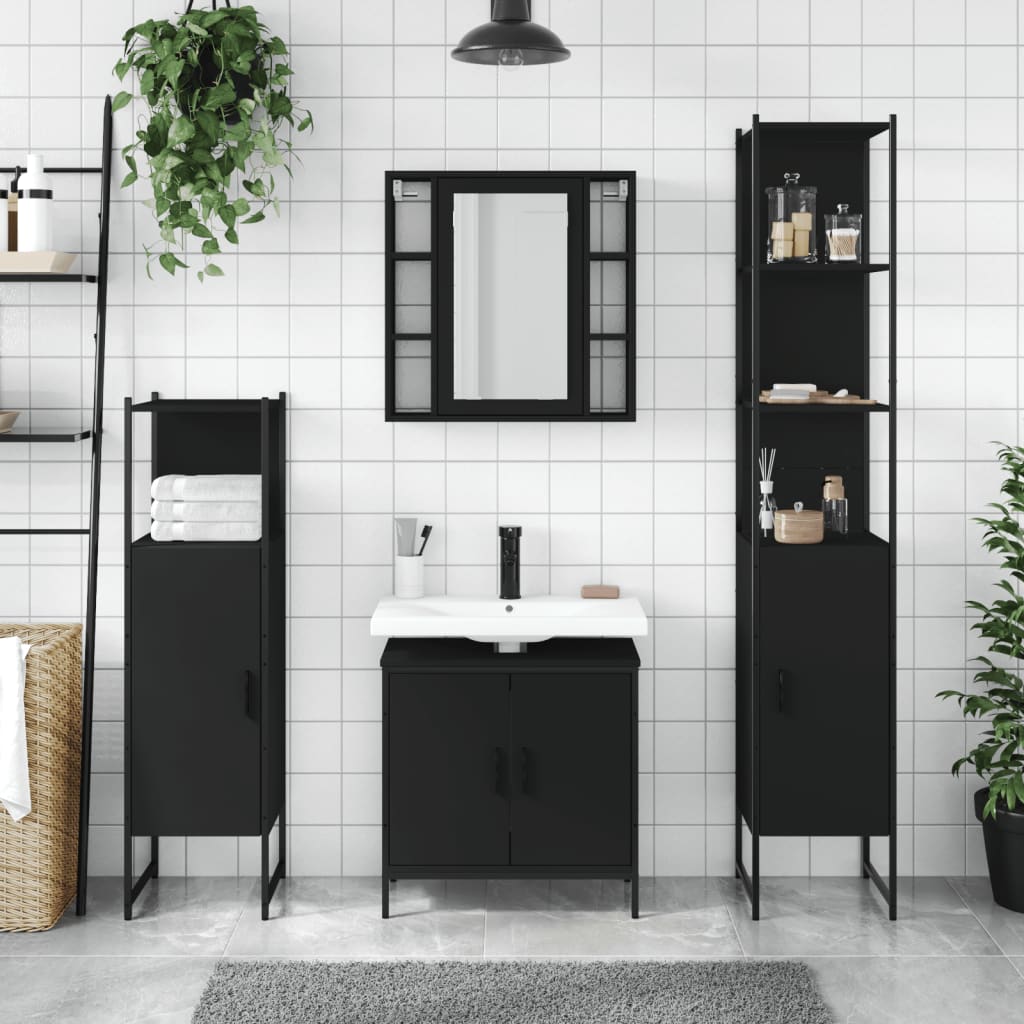 4 Piece Bathroom Cabinet Set Black Engineered Wood