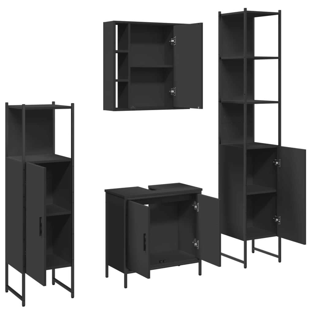 4 Piece Bathroom Cabinet Set Black Engineered Wood