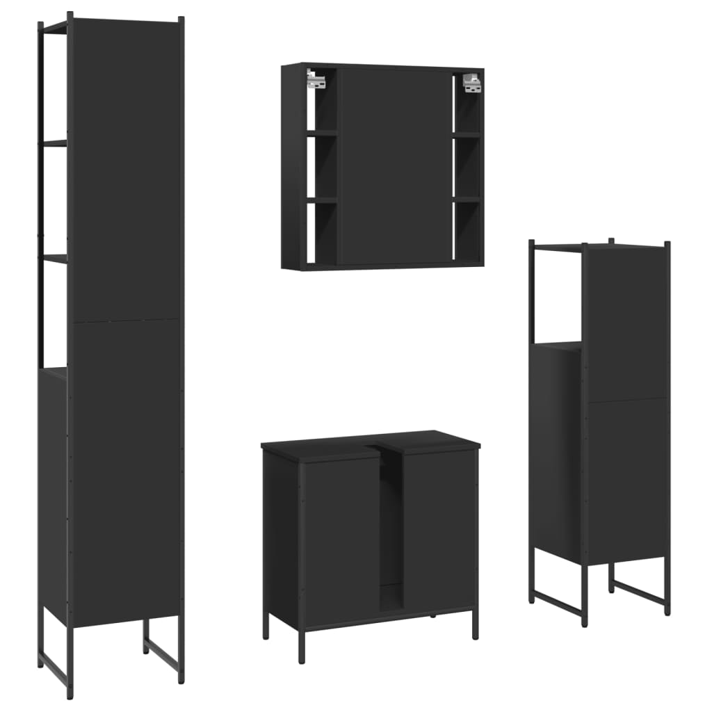 4 Piece Bathroom Cabinet Set Black Engineered Wood
