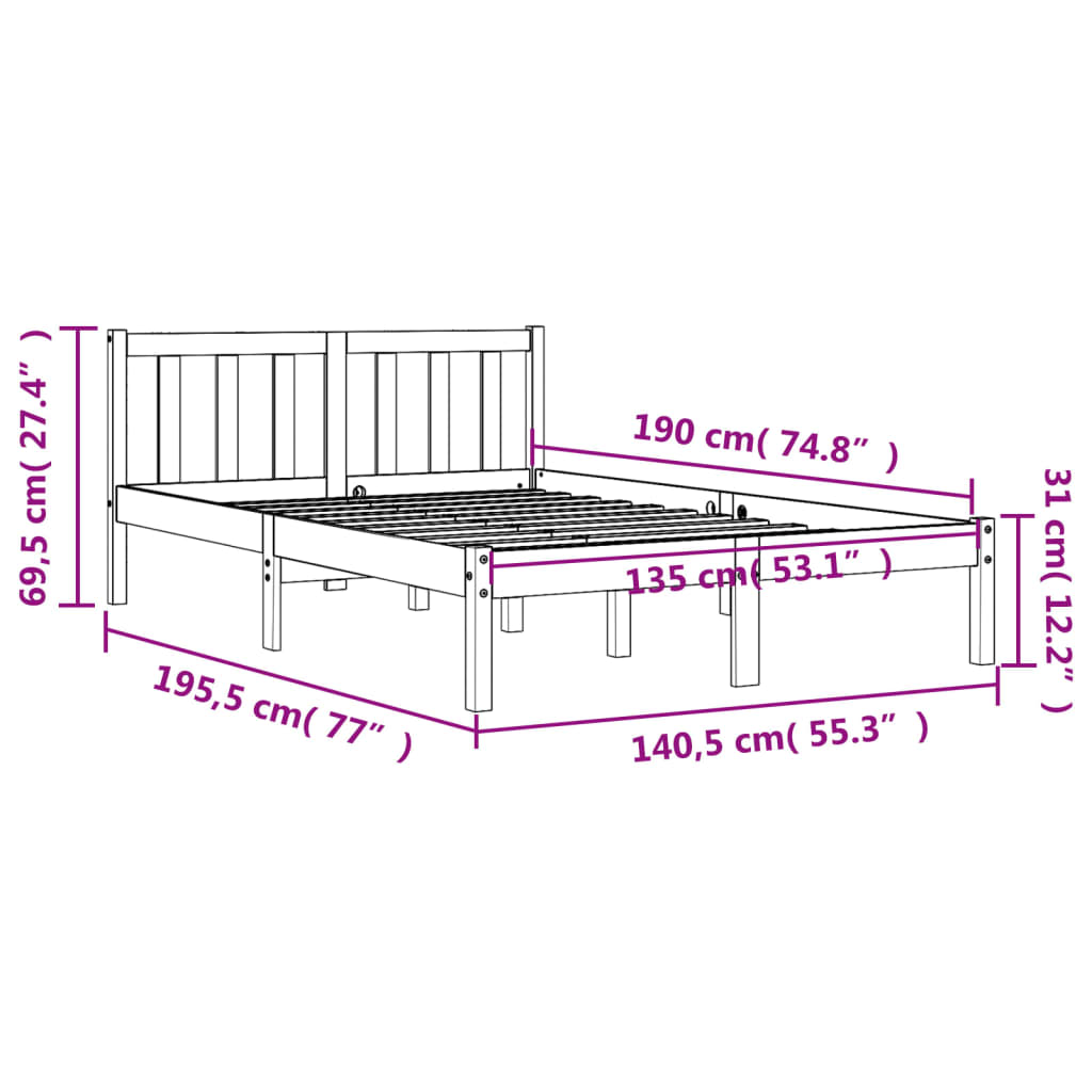 Solid Pine Double Bed Frame, Wax Brown, 135x190 cm, No Mattress