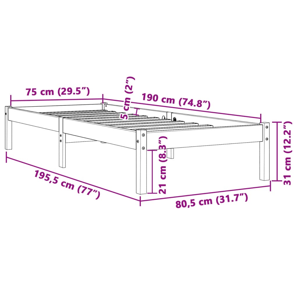Solid Pine Wood Bed Frame - Wax Brown, 75x190 cm Small Single