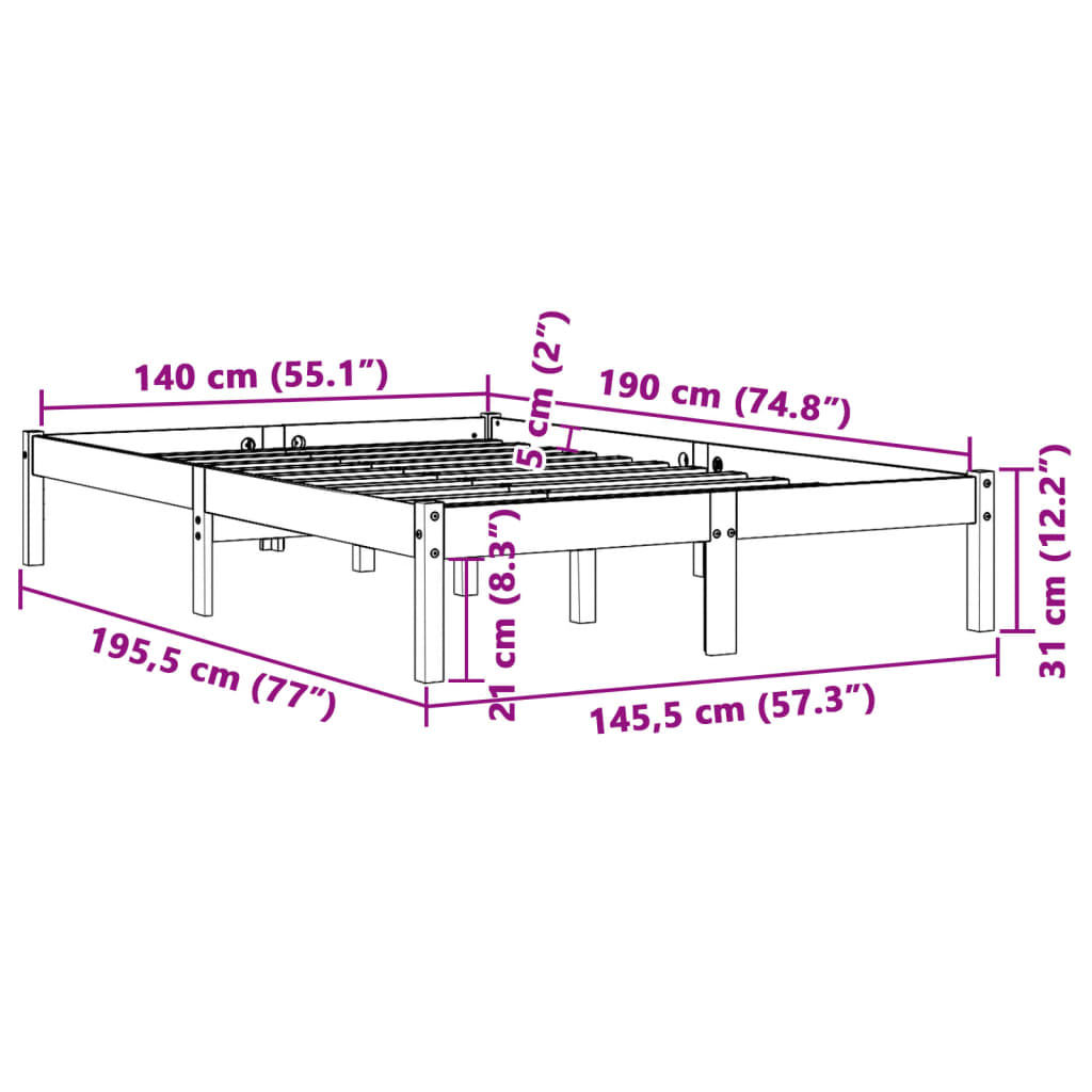 Solid Pine Wood Bed Frame Wax Brown 140x190 cm
