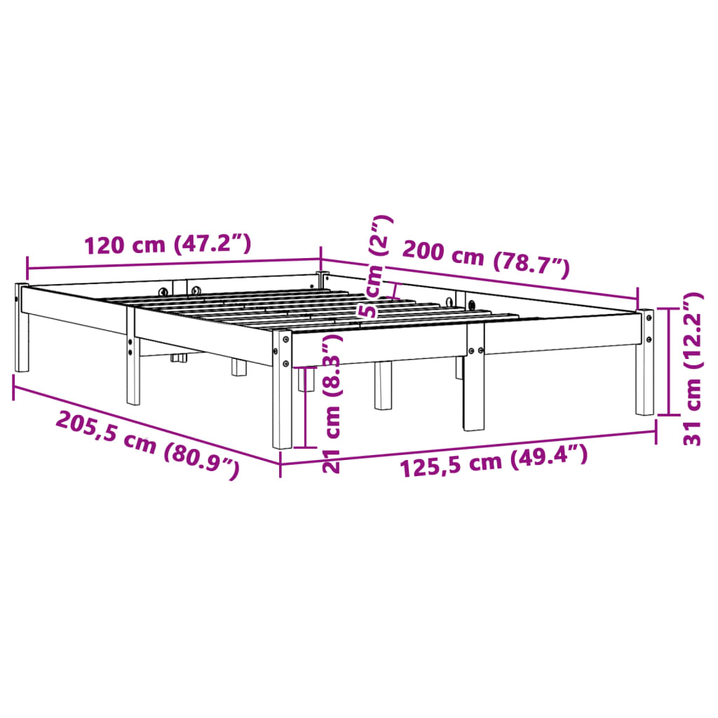 Solid Pine Bed Frame 120x200 cm, Wax Brown Finish - No Mattress