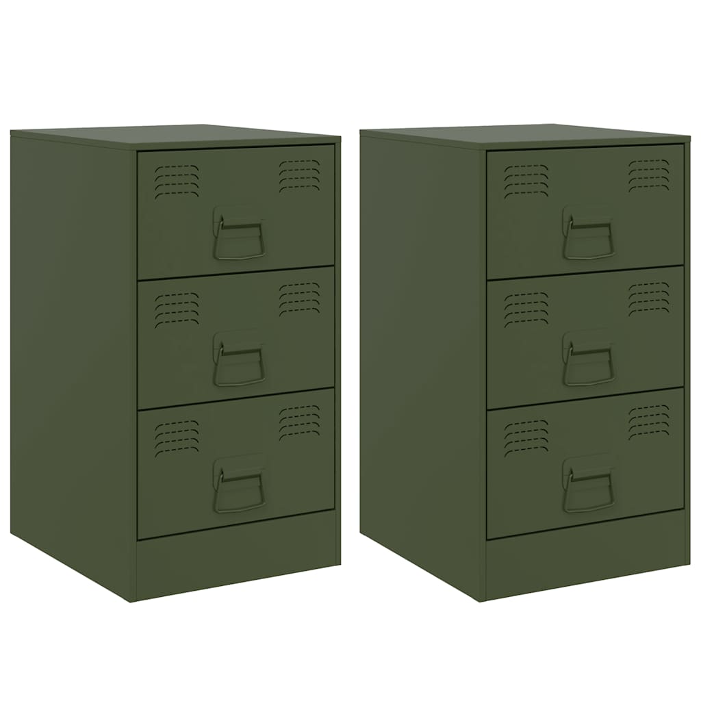 Pair of Olive Green Steel Bedside Cabinets - 34.5x39x62 cm