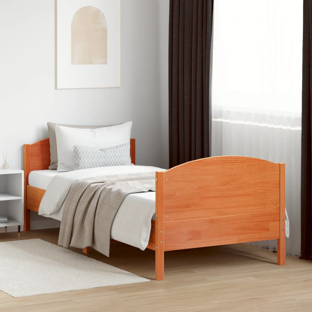 Solid Pine Wood Bed Frame in Wax Brown, 75x190 cm Small Single