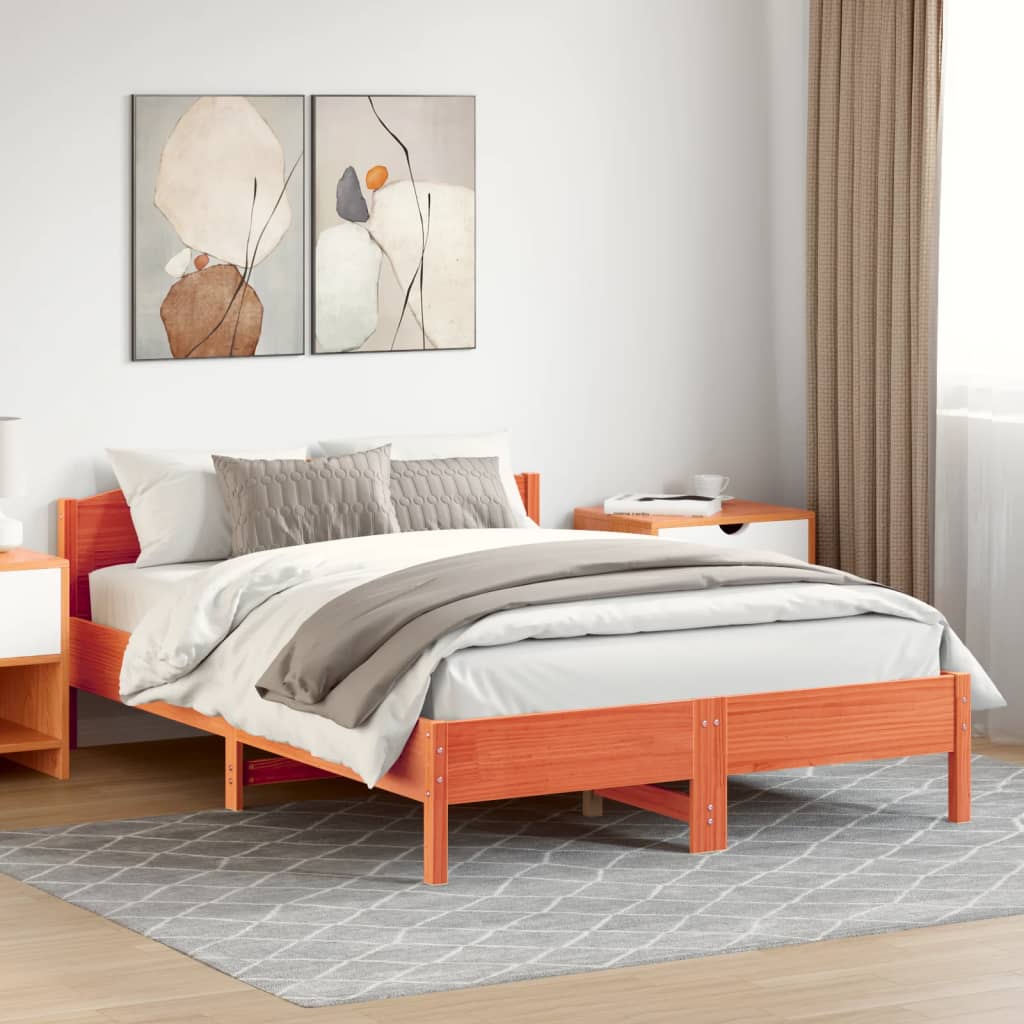 Solid Pine Bed Frame 140x200 cm - Wax Brown Finish, No Mattress