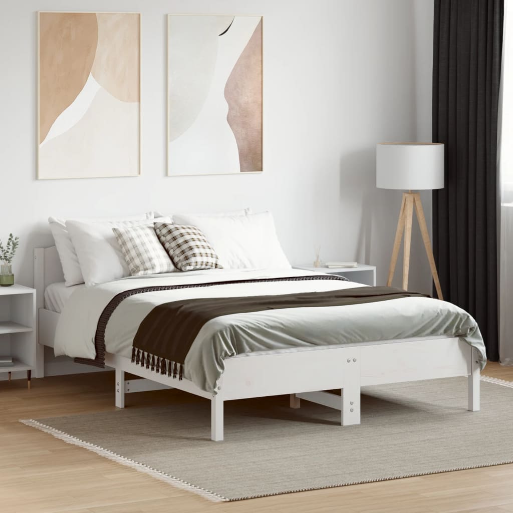 Solid White Pine Double Bed Frame - 135x190 cm | No Mattress Included