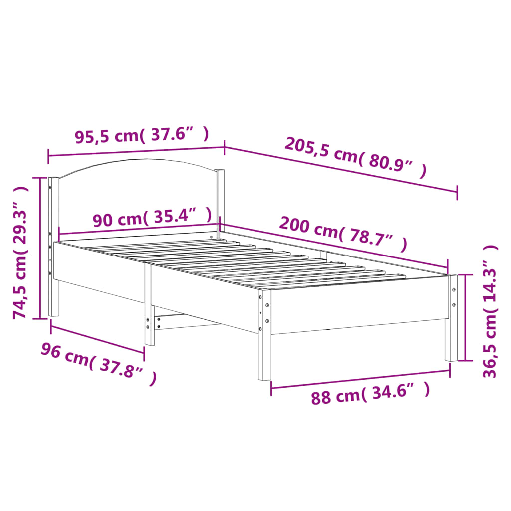 White Solid Pine Wood Bed Frame 90x200 cm - No Mattress Included