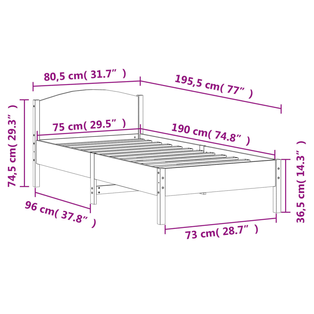 Solid Pine Wood White Bed Frame 75x190 cm - Small Single