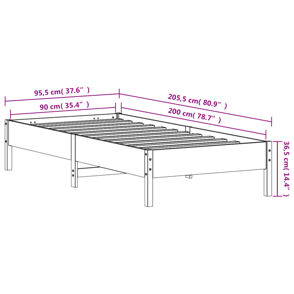 Solid Pine Wood Bed Frame, Wax Brown, 90x200 cm - No Mattress