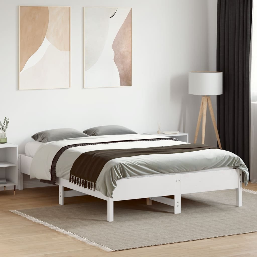 White Solid Pine Wood Double Bed Frame 135x190 cm (No Mattress)