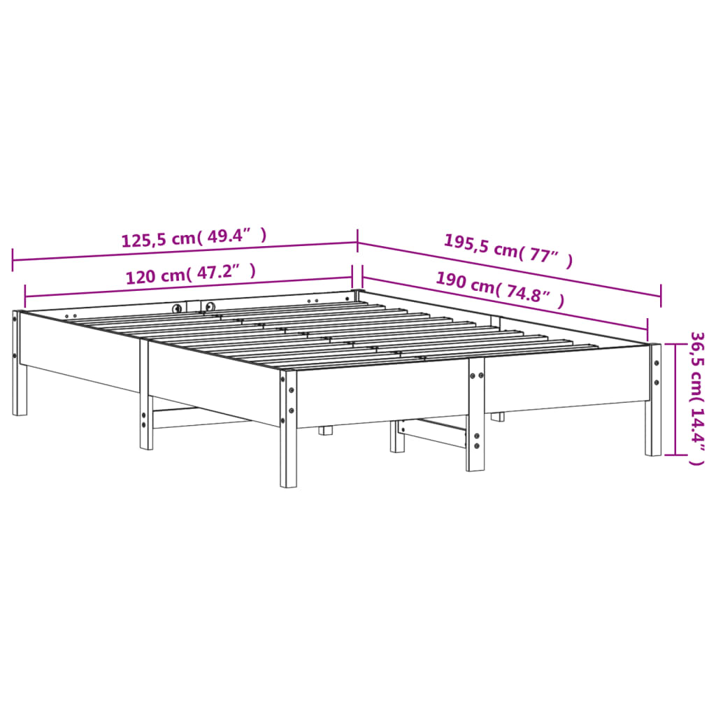 Solid Pine Wood Bed Frame, White, 120x190 cm Small Double