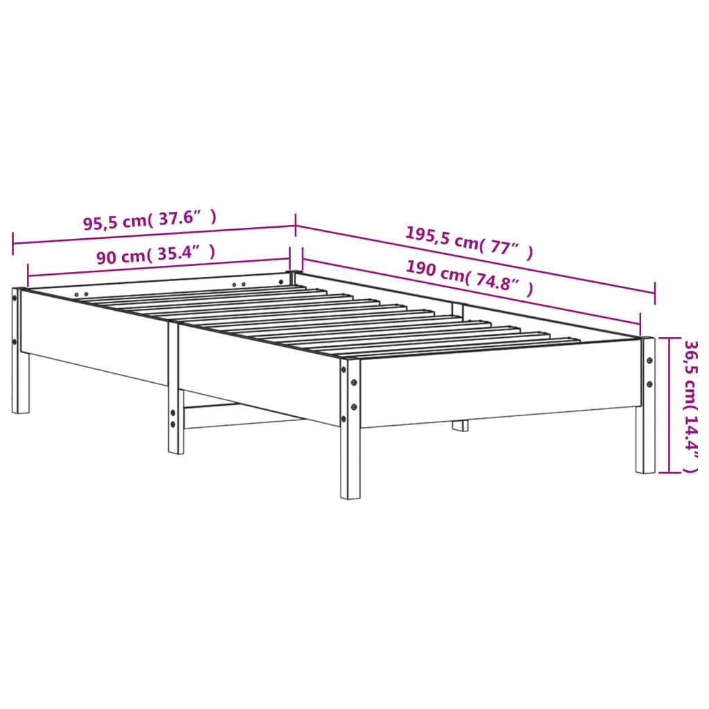 Solid Pinewood Bed Frame, White, 90x190 cm, Single Size