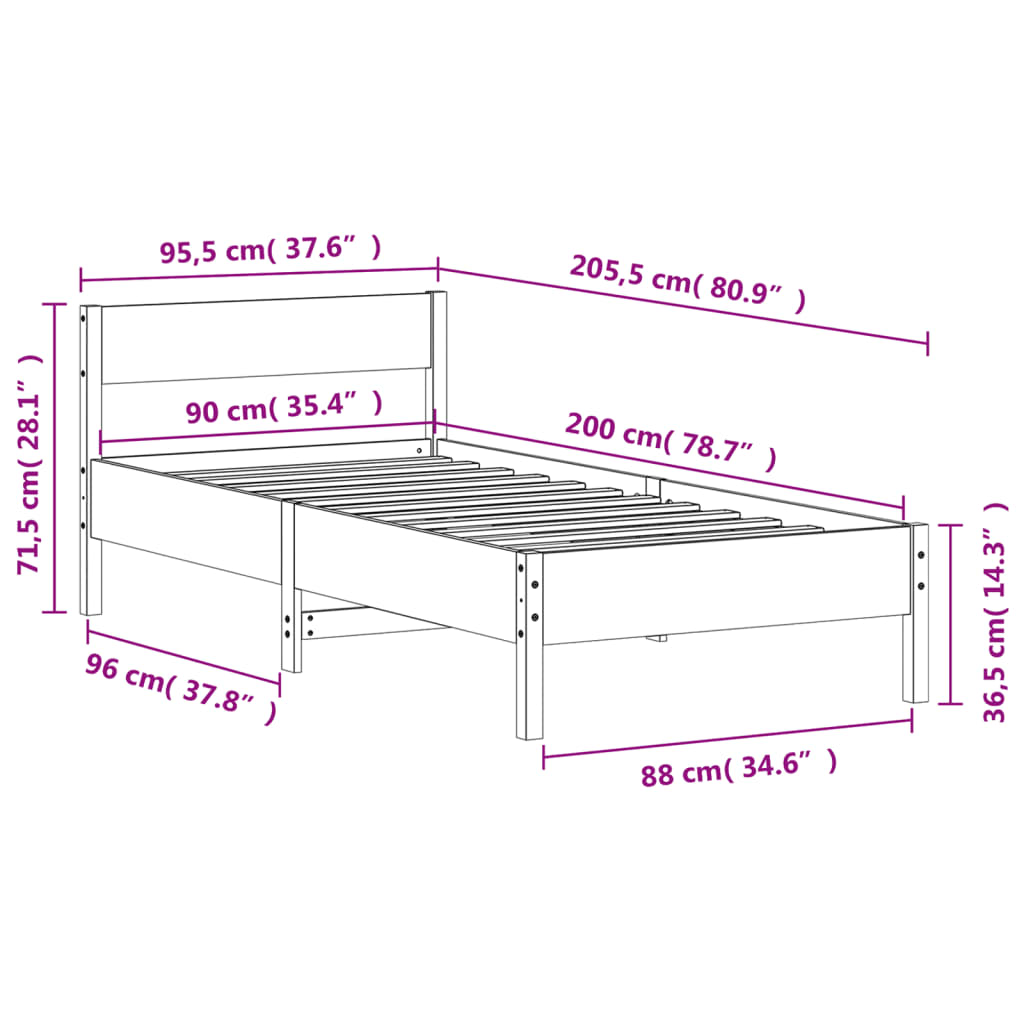 Solid Pine Wood Bed Frame, White 90x200 cm - No Mattress Included