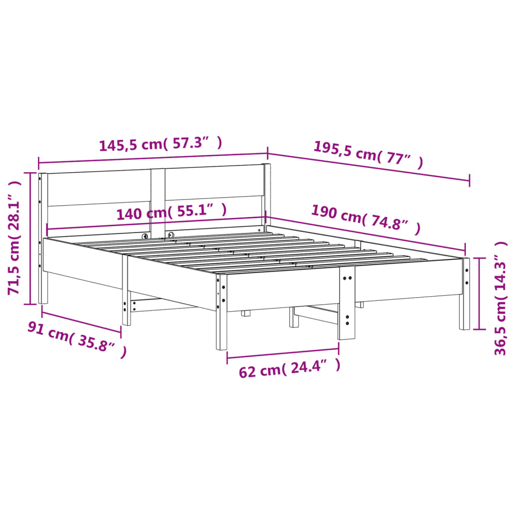 Solid Pine Wood White Bed Frame 140x190 cm - No Mattress