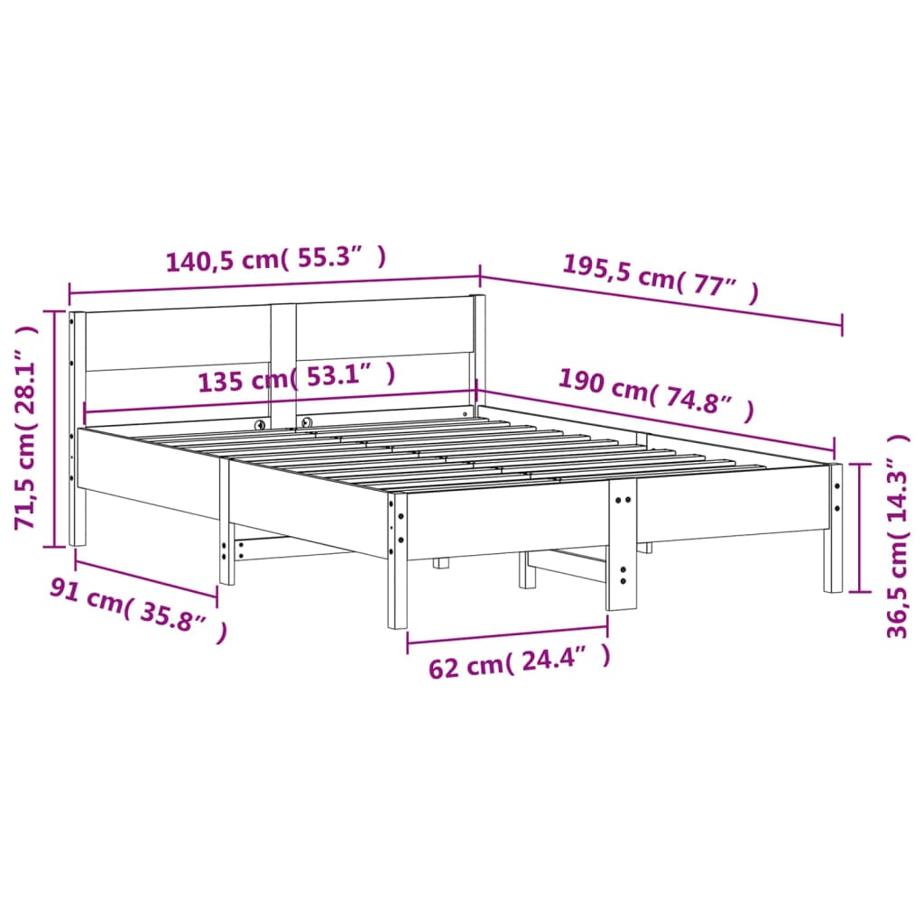 Solid Pine Double Bed Frame - White 135x190 cm (No Mattress)