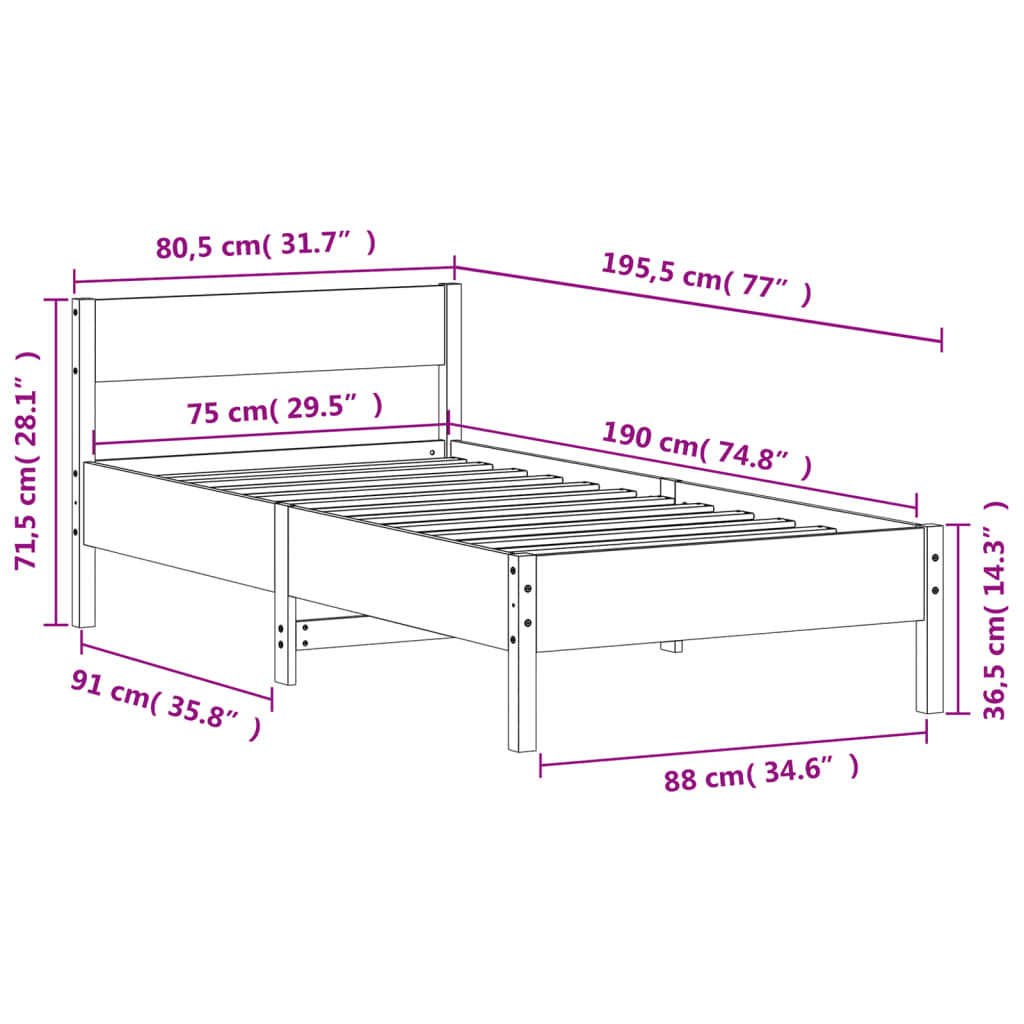 Solid Pine Bed Frame Wax Brown 75x190cm Small Single, No Mattress
