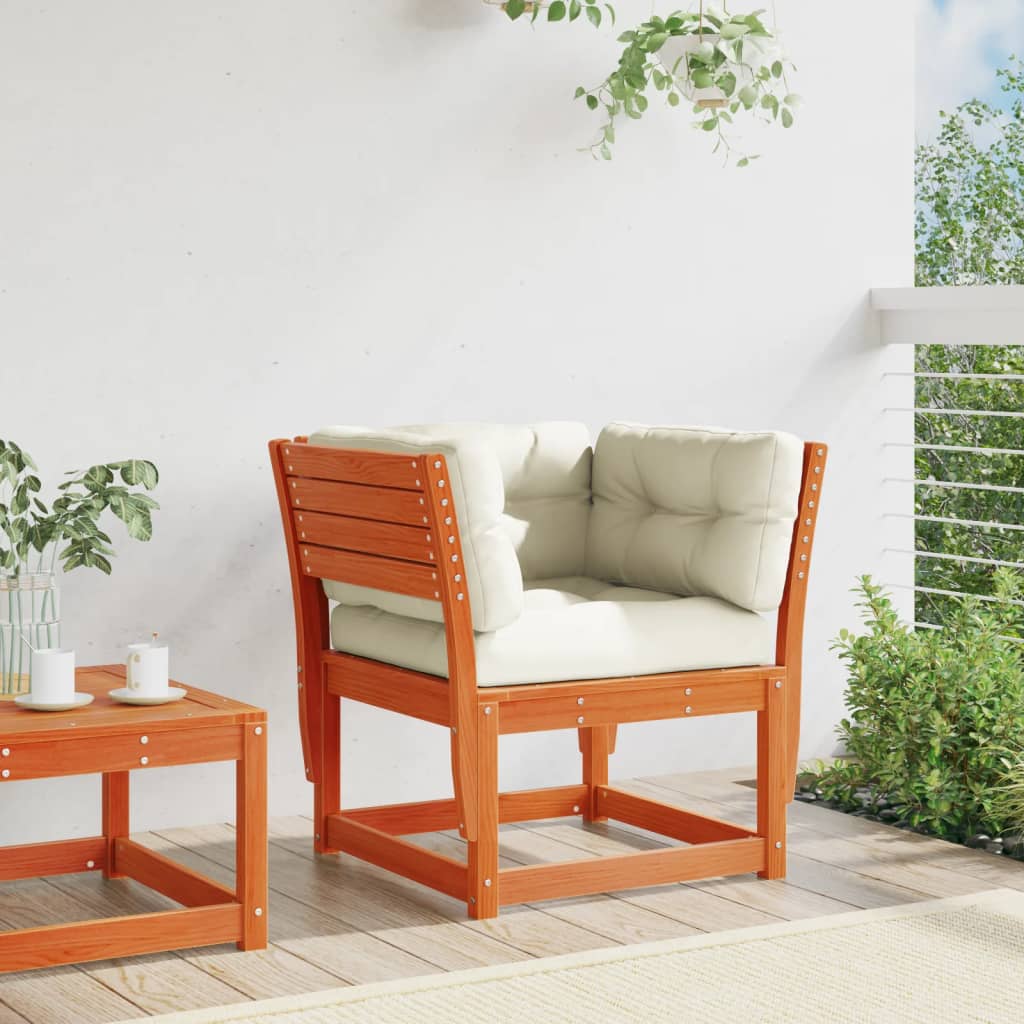 Solid Pine Garden Sofa Armrest with Cushions, Wax Brown Finish
