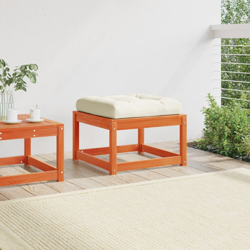 Wax Brown Solid Wood Pine Garden Footstool with Cushions