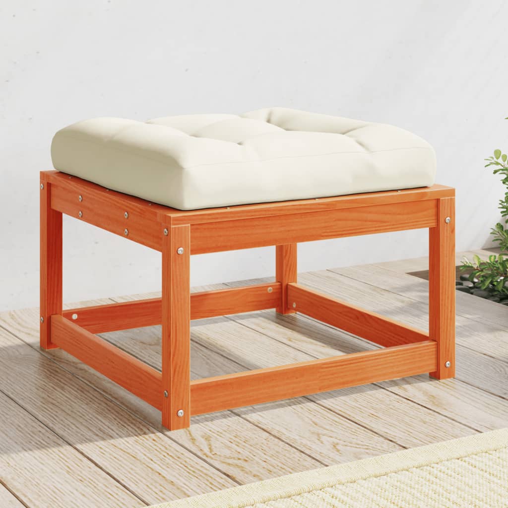 Wax Brown Solid Wood Pine Garden Footstool with Cushions