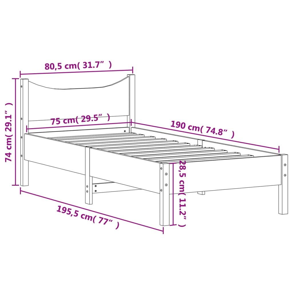Solid Pine Bed Frame, Wax Brown, Small Single 75x190 cm