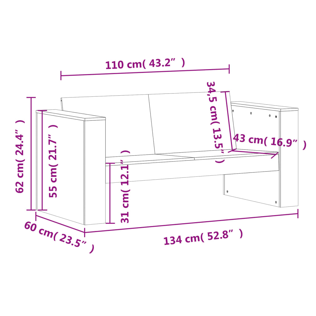 2-Seater Garden Sofa in Solid Douglas Wood - 134x60x62 cm