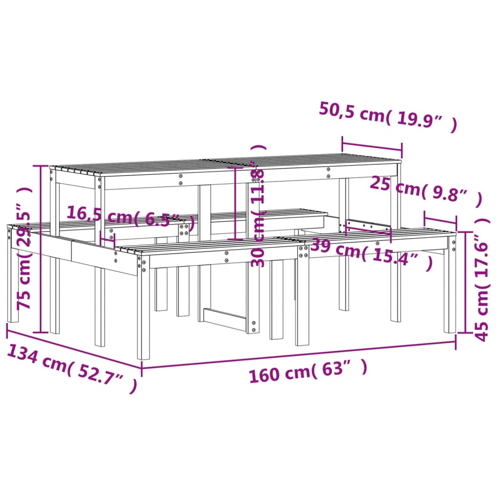 Solid Pine Wood Picnic Table - 160x134x75 cm, Natural Finish