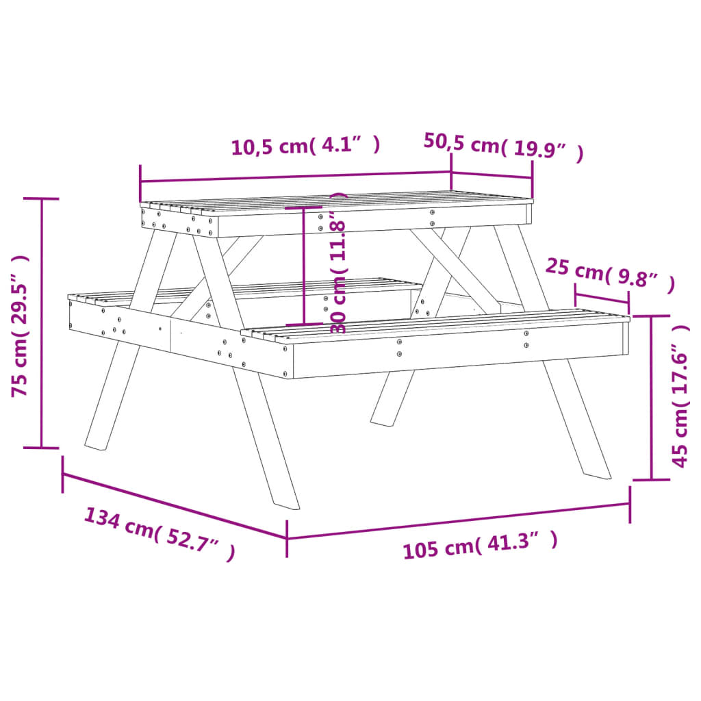 Solid Wood Douglas Picnic Table - 105x134x75 cm - Natural Finish