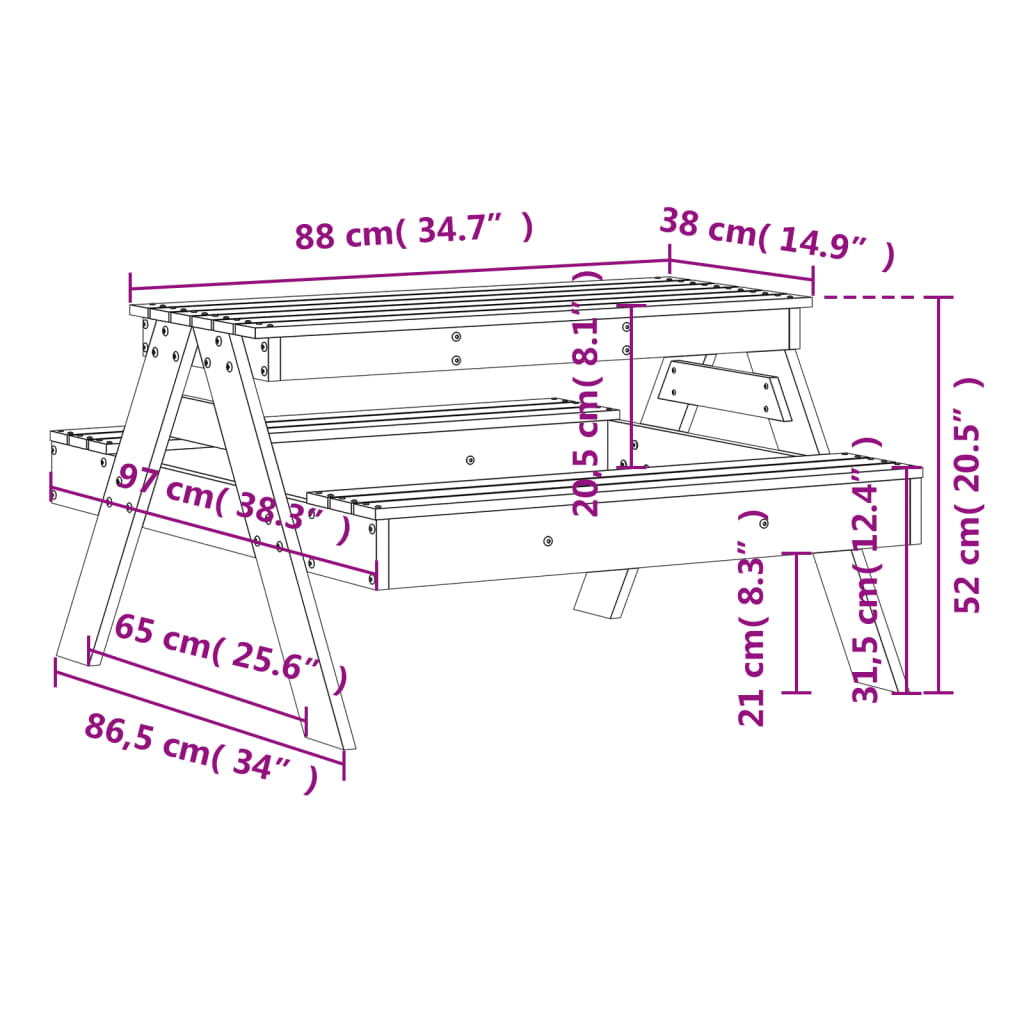 Solid Pine Wood Kids' Picnic Table - 88x97x52 cm, Natural Finish