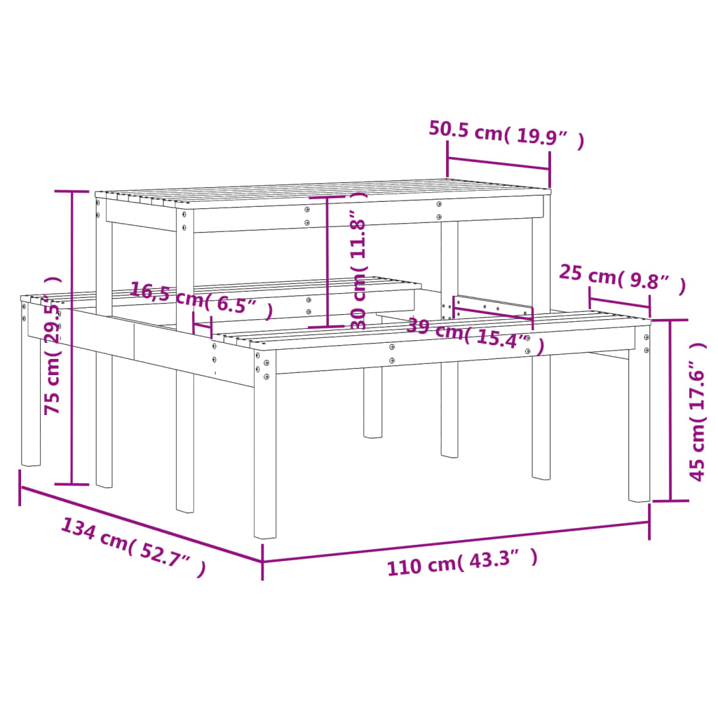 Solid Wood Pine Picnic Table - Wax Brown, 110x134x75 cm