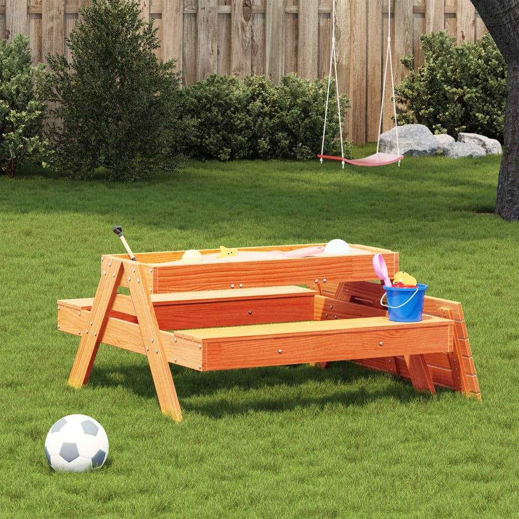 Wax Brown Solid Wood Pine Kids Picnic Table with Sandpit