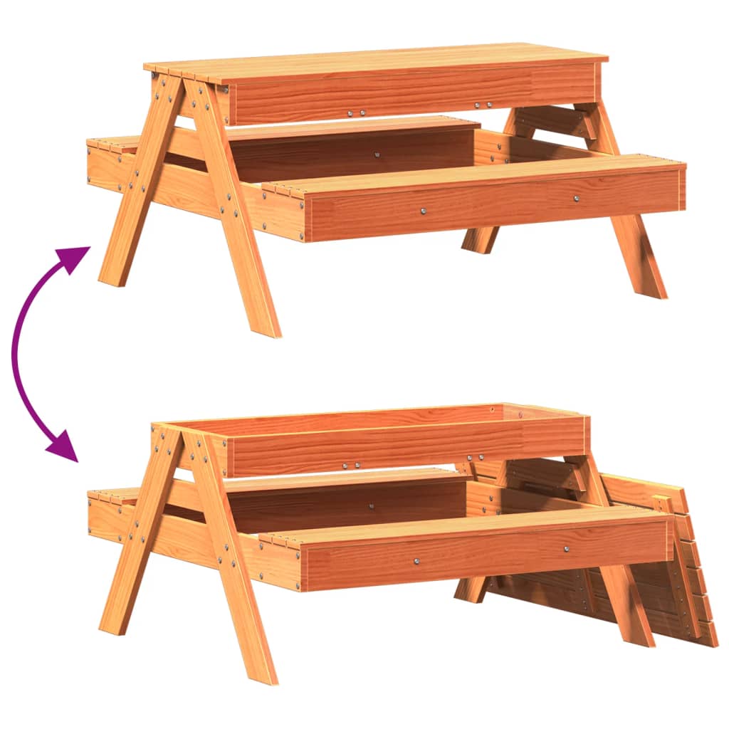 Wax Brown Solid Wood Pine Kids Picnic Table with Sandpit