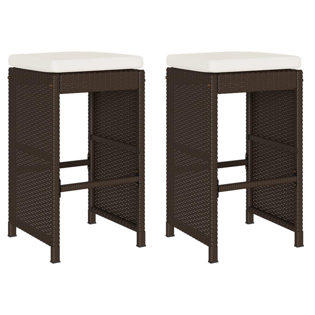 Brown Poly Rattan Garden Bar Stools with Cushions - Set of 2