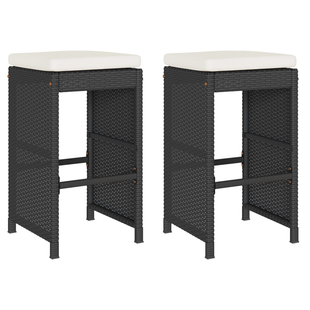 Stylish Black Poly Rattan Garden Bar Stools with Cushions, 2 Pcs