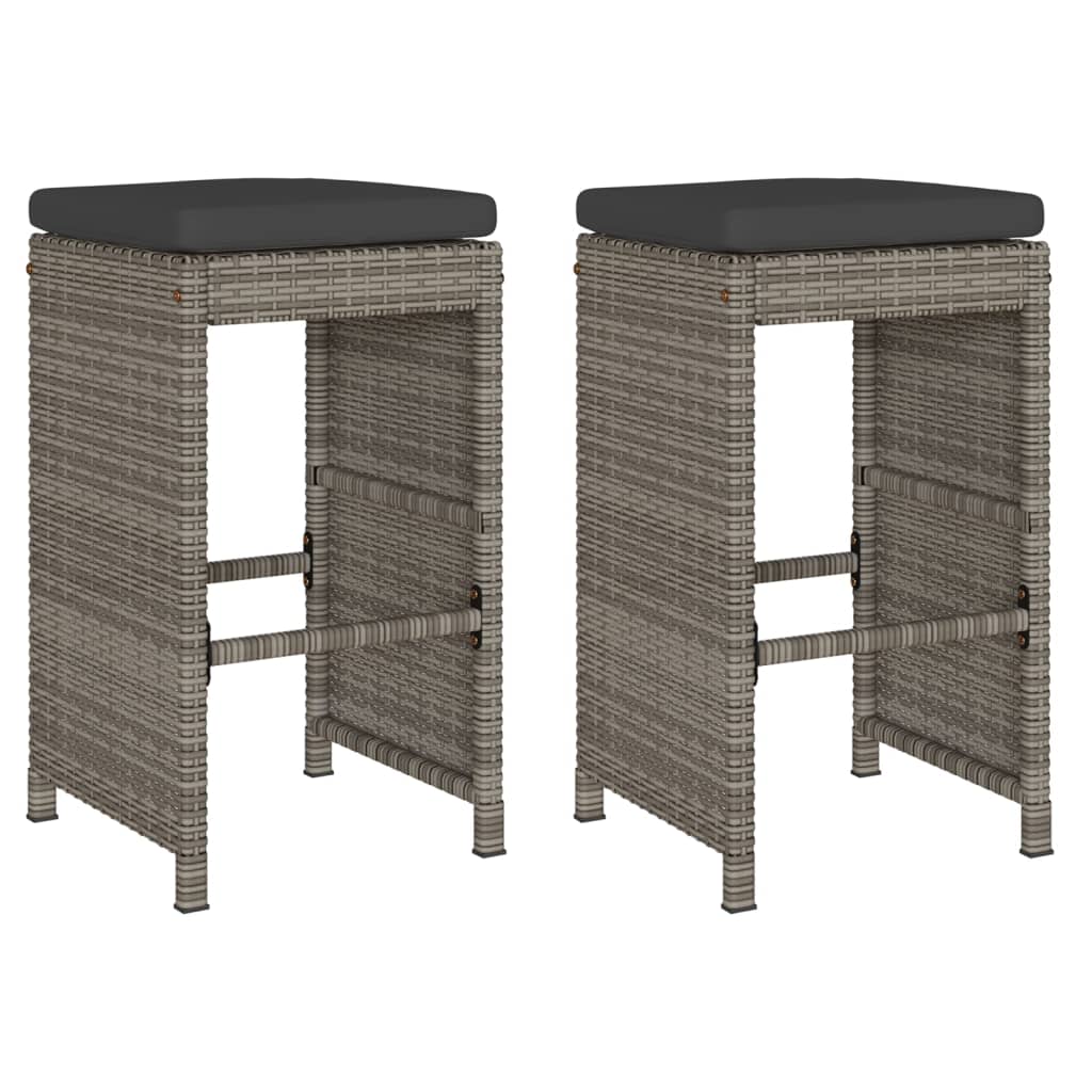Grey Poly Rattan Garden Bar Stools with Cushions - Set of 2
