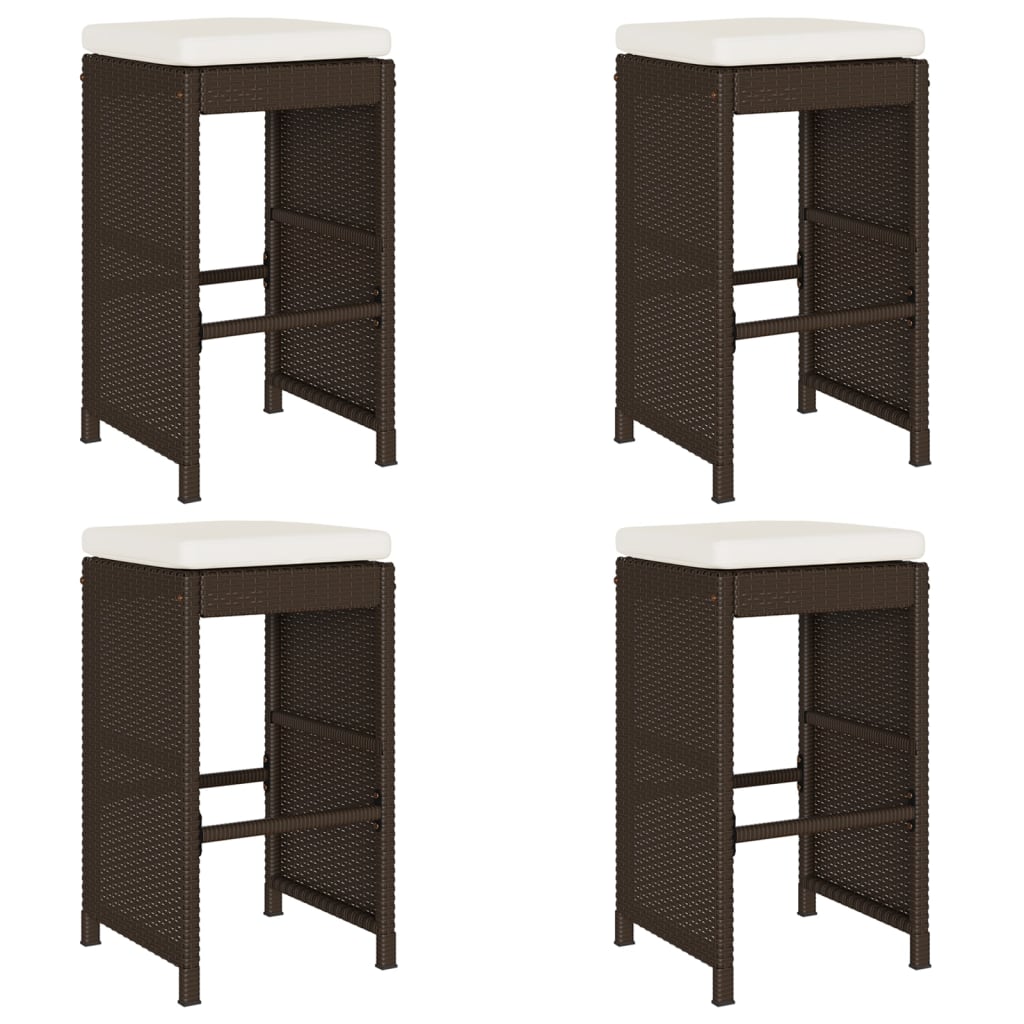 4 Pc Brown Poly Rattan Garden Bar Stools with Cushions Set