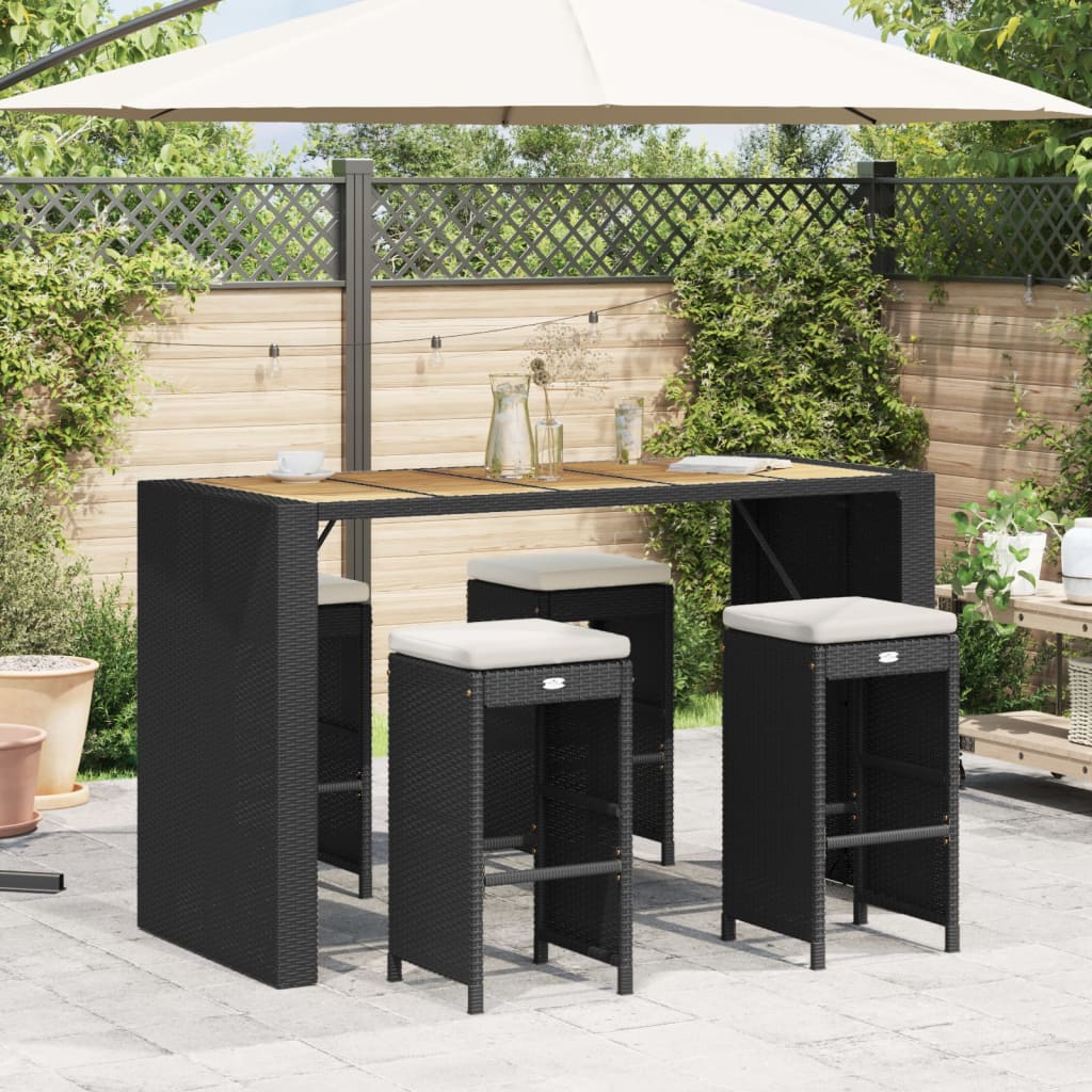 Black Poly Rattan Garden Bar Stools with Cushions - Set of 4