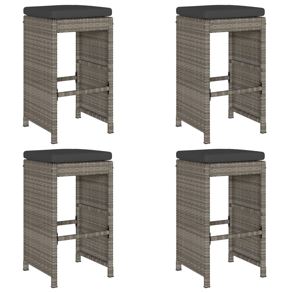 4-Piece Grey Poly Rattan Garden Bar Stools with Cushions